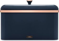 Tower T826130MNB Cavaletto Bread Bin with Removable Lid. Large Capacity. Durable Steel Body. Midnight Blue and Rose Gold