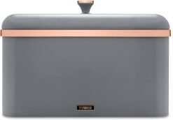 Tower Cavaletto Bread Bin with Removable Lid. Large Capacity. Durable Steel Body. Grey and Rose Gold