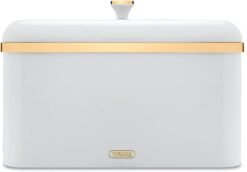 Tower Cavaletto Bread Bin with Removable Lid. Large Capacity. Durable Steel Body. Optic White and Champagne Gold