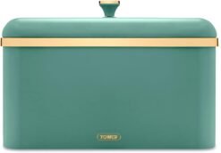 Tower Cavaletto Bread Bin with Removable Lid. Large Capacity. Durable Steel Body. Jade Green and Gold