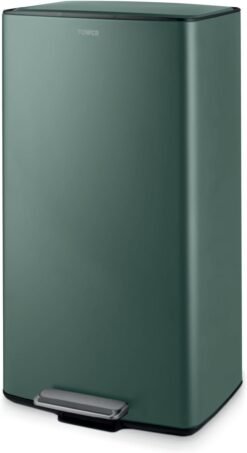 Tower 40L Rectangular Pedal Bin. Made from Strong & Durable Carbon Steel. Inner Bucket. Carbon Filter Compartment. Forest Green