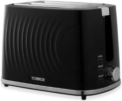Tower T20082BLK Solitaire 2 Slice Toaster. Browning Control. 850W. Black with Chrome Accents
