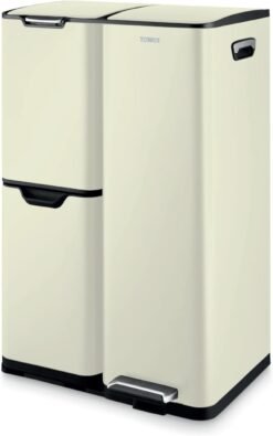 Tower Recycling Pedal Bin. Three Individual Compartments with Removable Inner Buckets. Carbon Steel Body. 60L. Cream