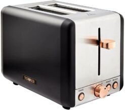 Tower T20036RG Cavaletto 2-Slice Toaster with Defrost/Reheat. Stainless Steel. 850W. Black and Rose Gold