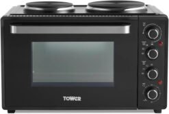 Tower T14044 Mini Oven with Dual Hot Plates. Adjustable Temperature Control. 90 Minute Timer. Baking Tray and Wire Rack. Black with Silver Accents. 32 Litre