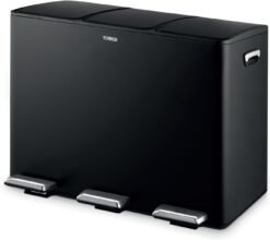 Tower ​​Recycling Pedal Pin. Three 15L Compartments with Removable Buckets. Carbon Steel Body. 45L. Black​