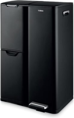 Tower Recycling Pedal Bin. Three Individual Compartments with Removable Inner Buckets. Carbon Steel Body. 60L. Black