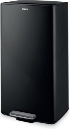 Tower 40L Rectangular Pedal Bin with Removable Inner Bucket and Filter Compartment. Durable Carbon Steel. Black