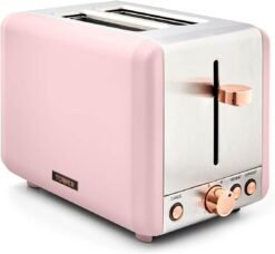 Tower T20036PNK Cavaletto 2-Slice Toaster with Defrost/Reheat. Stainless Steel. 850 W. Marshmallow Pink and Rose Gold