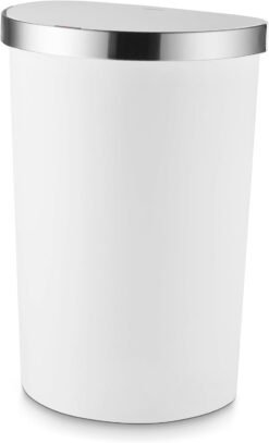 Tower Curved Sensor Bin with Liner Retainer Ring. Durable PP Body. Battery Operated. 50L. White with Stainless Steel Trim on Lid