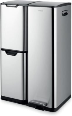 Tower Recycling Pedal Bin. Three Individual Compartments with Removable Inner Buckets. Carbon Steel Body. 60L. Silver