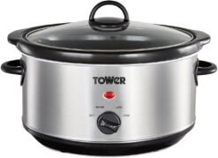 Tower T16039 Slow Cooker with 3 Heat Settings and Removable Dishwasher Safe Pot. Up to 4 Portions. 3.5 Litre. Stainless Steel