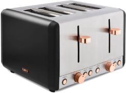 Tower T20051RG Cavaletto 4-Slice Toaster with Defrost/Reheat. Stainless Steel. 1800 W. Black and Rose Gold