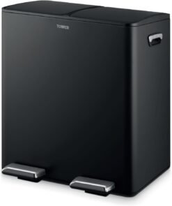 Tower T838022BLK Recycling Pedal Bin with Two 20L Compartments. Carbon Steel Body. Two Inner Buckets. 40L. Black