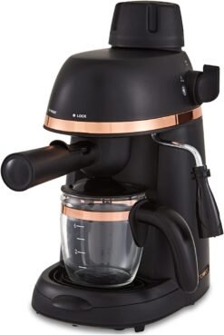 Tower T13014RG Cavaletto Espresso Maker with Frothing Function. Glass Carafe. Steel Filter. 800 W.4 cups. Black and Rose Gold