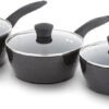 Tower Diamo 3 Piece Cookware Set. 18cm/20cm/22cm Saucepans with Tempered Glass Lids. Black Diamond Non-Stick Ceramic Coating. Black