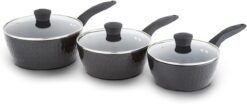 Tower Diamo 3 Piece Cookware Set. 18cm/20cm/22cm Saucepans with Tempered Glass Lids. Black Diamond Non-Stick Ceramic Coating. Black