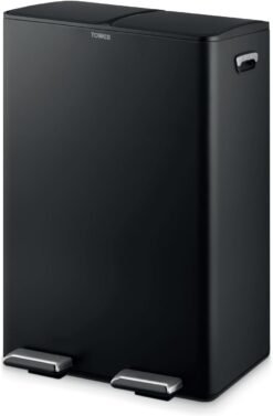 Tower Recycling Pedal Bin. Two 30L Compartments with Removable Inner Buckets. Carbon Steel Body. 60L. Black