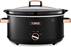 Tower T16043BLK Cavaletto 6.5 Litre Slow Cooker with 3 Heat Settings. Removable Dishwasher Safe Pot. Cool Touch Handles. Up to 8 Portions. Black and Rose Gold