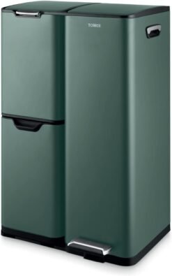Tower Recycling Pedal Bin. Three Individual Compartments with Removable Inner Buckets. Carbon Steel Body. 60L. Forest Green