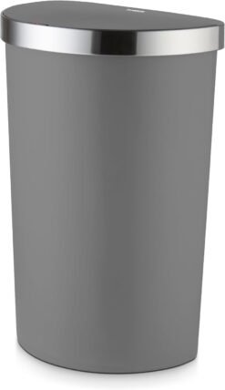 Tower Curved Sensor Bin with Bin Liner Retainer Ring. Durable PP Body. Battery Operated. 50L. Grey with Stainless Steel Trim on Lid