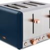 Tower T20051MNB Cavaletto 4-Slice Toaster with Defrost/Reheat. Stainless Steel. 1800 W. Midnight Blue and Rose Gold