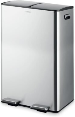 Tower Recycling Pedal Pin with Two 30L Compartments. Two Inner Buckets. Stainless Steel Body. 60L. Stainless Steel. Silver