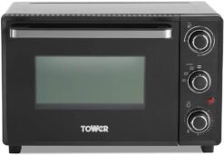Tower T14043 Mini Oven with Adjustable Temperature Control. 90 Minute Timer. Baking Tray and Wire Rack. 23 Litre. Black with Silver Accents