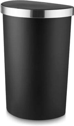 Tower Curved Sensor Bin with Bin Liner Retainer Ring. Durable PP Body. Battery Operated. 50L. Black with Stainless Steel Trim on Lid