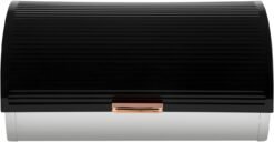 Tower Linear Roll Top Bread Bin with Ventilation and Stainless Steel Body. Black and Rose Gold. 20 x 41 x 27 cm