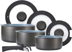 Tower Freedom T800201 7 Piece Cookware Set with Ceramic Coating. Stackable Design and Detachable Handle. Graphite. Aluminium. Black