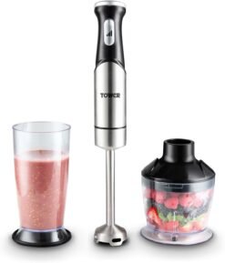 Tower 3-in-1 Hand Blender with 1200W Motor. Pressure Controlled Speed Settings. Stainless Steel Blades. Food Chopper & 800ml Beaker. Stainless Steel. T12099