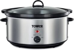Tower T16040Y Slow Cooker with 3 Heat Settings and Removable Dishwasher Safe Pot. Up to 8 Portions. 6.5 Litre. Stainless Steel. Silver