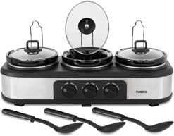 Tower T16015 Three Pot Slow Cooker with Independent Temperature Controls. Keep Warm Function. 3 x 1.5L. Stainless Steel. Black