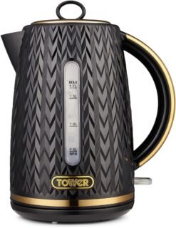 Tower T10052BLK Empire 1.7 Litre Kettle with Rapid Boil. Removable Filter. 3000W. Black with Brass Accents