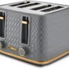 Tower T20061GRY Empire 4-Slice Toaster with Defrost/Reheat. Removable Crumb Trays. 1600W. Grey and Brass