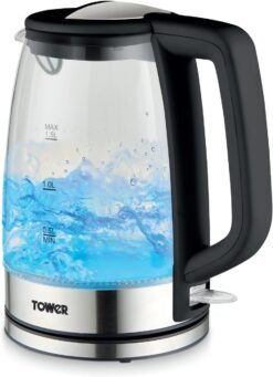Tower PT10090BLK Illuminating Glass Kettle with Removable Filter. Boil Dry Protection. 1.7L. 2200W. Black & Stainless Steel