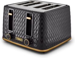 Tower T20061BLK Empire 4-Slice Toaster with Defrost/Reheat. Removable Crumb Trays. 1600W. Black and Brass