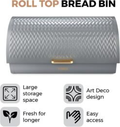 Tower T826090GRY Empire Roll Top Bread Bin. Stainless Steel. Grey and Brass. One Size