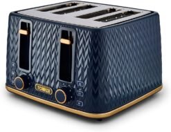 Tower T20061MNB Empire 4-Slice Toaster with Defrost/Reheat. Removable Crumb Trays. 1600W. Midnight Blue and Brass
