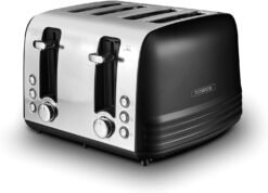 Tower. T20081BLK. Ash 4-Slice Toaster with Dual Controls. Defrost/Reheat/Cancel. 1850W. Black & Chrome