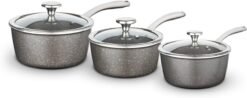 Tower Cerastone Pro Forged Aluminium 3 Piece Saucepan Set Including 18. 20 and 22cm Saucepans with Glass Lids. Non-Stick Coating. Graphite. T900200