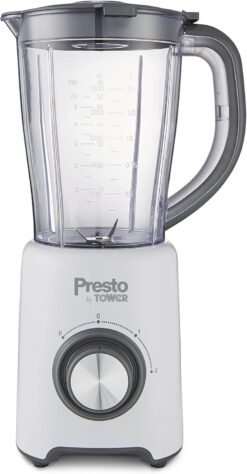 Presto By Tower PT12052WHT Jar/Jug Blender. 1.5 Litre Capacity. 2 Speed Settings and Pulse. Stainless Steel Blades and Dial. 35 g Grinder Attachment. Powerful 500W. White