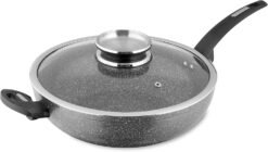 Tower T81279 Cerastone Induction Wok Pan With Glass Lid. Non Stick Ceramic Coating. Easy to Clean. Graphite. 30 cm