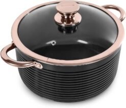 Tower Casserole Dish with Lid. Linear Collection with Easy Clean Non-Stick Ceramic Coating. Aluminium. Black and Rose Gold. 4 Litres